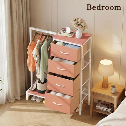 HIGDBFE Dresser with Hanging Rack, 4 Drawers Small Closet for Bedroom, Reversible Fabric Kids Chest of Drawers with Clothes Rack, Tall Storage Tower, Sturdy Frame, Pink, 44''H