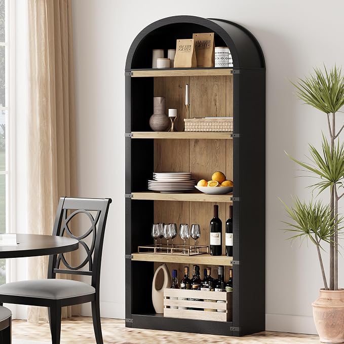 GarveeHome Bookcase 5 Shelf Arched Bookshelf 71.65in Tall Bookcase Farmhouse Display Storage Rack Wooden Bookshelves for Home Office, Living Room (Black/Natural)