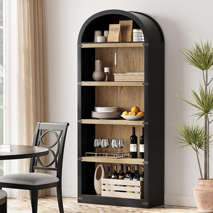 GarveeHome Bookcase 5 Shelf Arched Bookshelf 71.65in Tall Bookcase Farmhouse Display Storage Rack Wooden Bookshelves for Home Office, Living Room (Black/Natural)