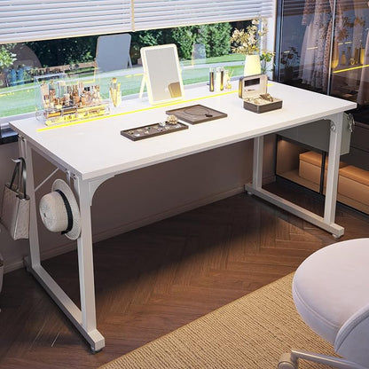 DurayLoly 55 Inch White Computer Desk with LED Lights, Office Desk with Storage Bag for Home Office, Gaming Desk with Headphone Hook for Study Writing Work Desk,Sturdy Metal Frame