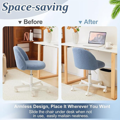 VINGLI Cute Candy Chair Armless Comfy Small Office Desk Vanity Chair with Wheels & Lumbar Support,Teddy Adjustable Rolling Swivel Computer Task Ch for Home Office,Bedroom,Fog Blue