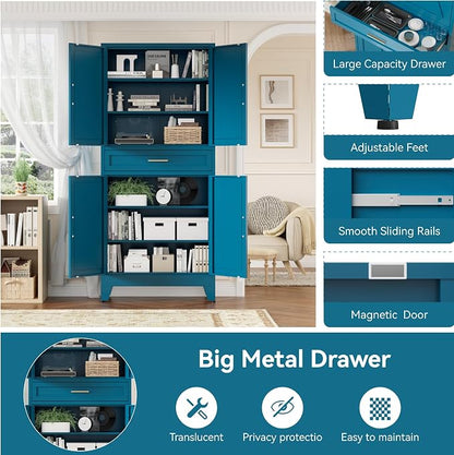Metal Storage Cabinets with Drawer, 71" Filing Cabinet with 4 Adjustable Shelves & 4 Doors, Modern Abstract Rhombus Geometric Design File Cabinet for Home,Office,Garage,Shop,School, Blue