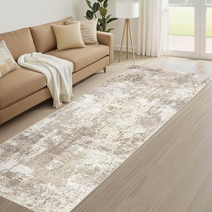 Runner Rug Kitchen Washable Rugs: 2x5 Non-Slip Abstract Soft Modern Stain Resistant Indoor Floor Neutral Accent Throw Carpet for Hallway Bathroom Laundry Room Entryway Bedroom- Beige Brown