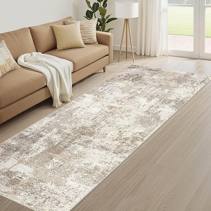 Runner Rug Kitchen Washable Rugs: 3x8 Non-Slip Abstract Soft Modern Stain Resistant Indoor Floor Neutral Accent Throw Carpet for Hallway Bathroom Laundry Room Entryway Bedroom- Beige Brown
