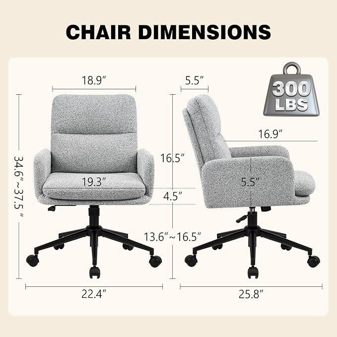 Comfortable Ergonomic Office Chair, Upholstered Desk Chair with Double-Layer Cushioning, Adjustable Height Swivel Task Chair with Padded Armrests, Rolling Wheels and Metal Base, Light Grey