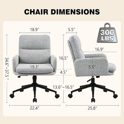 Comfortable Ergonomic Office Chair, Upholstered Desk Chair with Double-Layer Cushioning, Adjustable Height Swivel Task Chair with Padded Armrests, Rolling Wheels and Metal Base, Light Grey