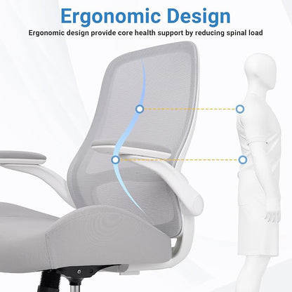 HYLONE Office Chair Ergonomic Desk Chair with Flip up Armrests, 5" Thickened Seat Computer Chair with Mesh Back Home Office Computer Chairs for Long Hours Mesh Executive Chair(White Base & Grey)