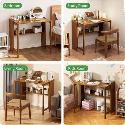 Bamboo Foldable Desk, Folding Desks for Small Spaces, Mid Century Small Computer Desk with Bookshelf for Bedroom Home Office, Brown