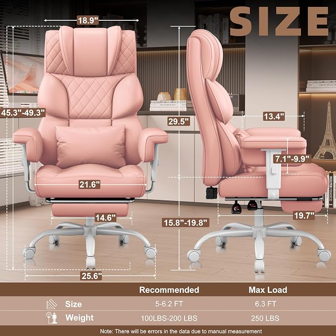 Vonesse Big and Tall Office Chair, Desk Chair with Soft Adjustable Armrests, Ergonomic High Back Gaming Chair with Lumbar Support, Executive Computer Chairs with Footrest (PU Leather, Pink)