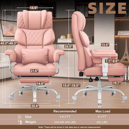 Vonesse Big and Tall Office Chair, Desk Chair with Soft Adjustable Armrests, Ergonomic High Back Gaming Chair with Lumbar Support, Executive Computer Chairs with Footrest (PU Leather, Pink)