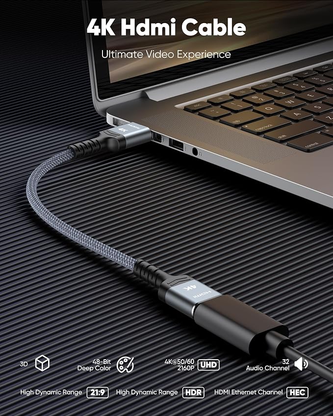 Highwings 4K Short HDMI Cable 1.72ft/52.5cm Total Length, 1.36ft/41.5cm Cable Length HDR Braided HDMI Cord, High Speed with Ethernet/ARC, 3D, HDCP 2.2, Compatible for PS-4/3/Monitor/Streaming Media