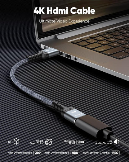 Highwings 4K Short HDMI Cable 1.72ft/52.5cm Total Length, 1.36ft/41.5cm Cable Length HDR Braided HDMI Cord, High Speed with Ethernet/ARC, 3D, HDCP 2.2, Compatible for PS-4/3/Monitor/Streaming Media