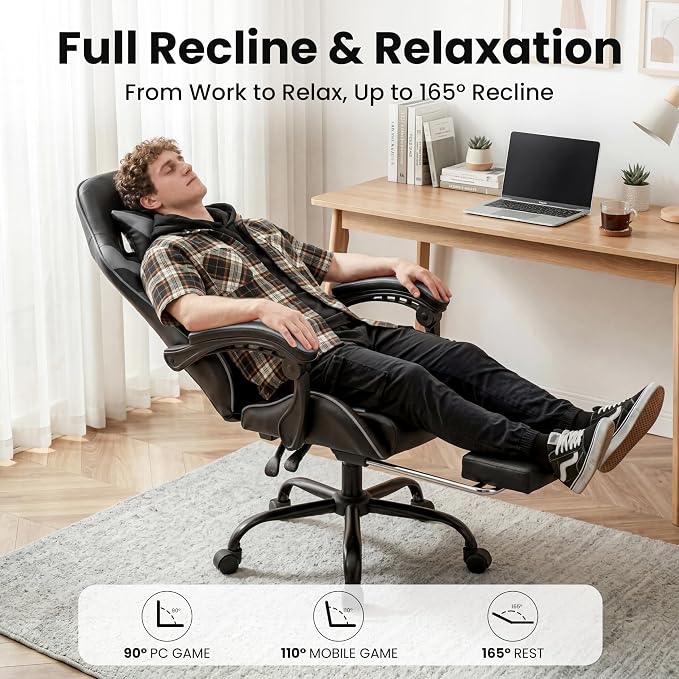 Gaming Chair, Ergonomic Computer Chair with Footrest and Lumbar Support, Height Adjustable Office Chair with 360° Swivel Seat and Headrest (Black & Grey)