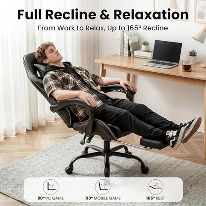Gaming Chair, Ergonomic Computer Chair with Footrest and Lumbar Support, Height Adjustable Office Chair with 360° Swivel Seat and Headrest (Black & Grey)