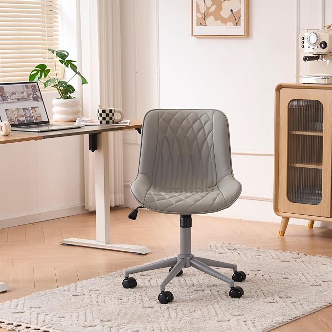 YOUNIKE Grey Faux Leather Ergonomic Office Chair Armless Comfy Desk Chair with Rocking Back Cute Swivel Vanity Chair with Wheels Height Adjustable Small Computer Task Chair for Sewing Drafting