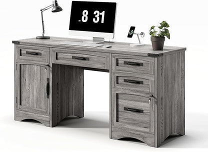 Decofy Farmhouse Executive Desk with Drawers, 55" Home Office Desks with Fast Charging Station, Lockable File Cabinet, Wood Writing Computer Desk for Work, Study, Grey