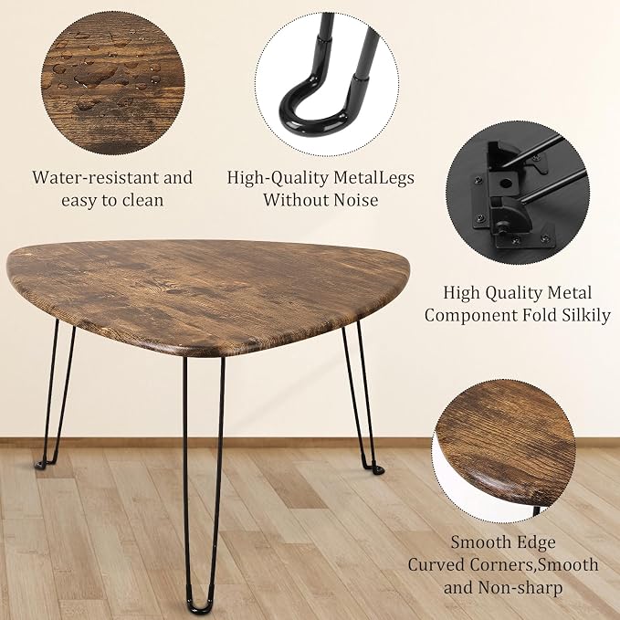 Folding Coffee Table Triangle Designs Oval Coffee Tables Mid Century Wooden Triangular Accent Table with Metal Legs Foldable Industrial Sofa Center Table for Living Room Space Saving