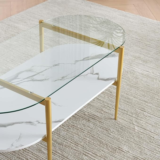LumFurn Oval Coffee Table, Mid-Century Modern Design, L41 x W21 x H17 inch, for Living Room, Clear Glass Top, White Marble Finish Wood Shelf & Gold Finish Frame