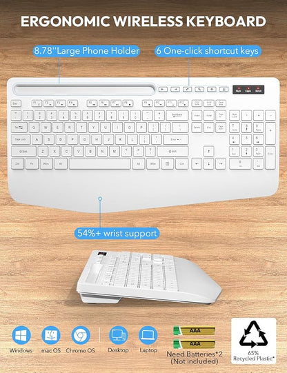 Wireless Keyboard and Mouse Combo - Full Size Ergonomic Wrist Rest, Silent Typing, Phone Holder, 2.4 GHz, 3 Level DPI, Batteries Powered, KM23D Set Compatible with PC, Laptop, Windows, macOS -SABLUTE