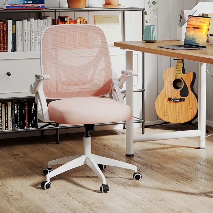 COSTWAY Office Chair, Comfy Swivel Rolling Desk Chair with Adjustable Height & Flip-Up Armrests, Ergonomic Mesh Computer Chairs with Lumbar Support for Working & Gaming, Pink