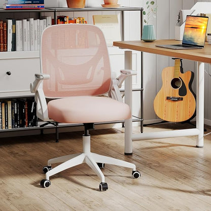COSTWAY Office Chair, Comfy Swivel Rolling Desk Chair with Adjustable Height & Flip-Up Armrests, Ergonomic Mesh Computer Chairs with Lumbar Support for Working & Gaming, Pink