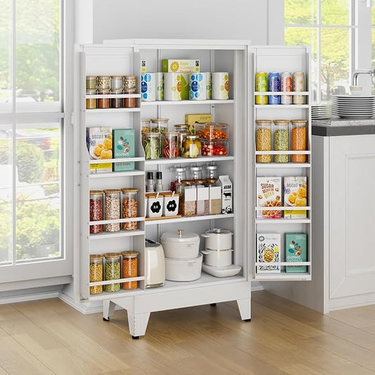 White Pantry Storage Cabinet, 48" Kitchen Pantry with Doors and 3 Adjustable Shelves, Metal Freestanding Buffet Cupboards Sideboard, for Office, Home, Garage, School