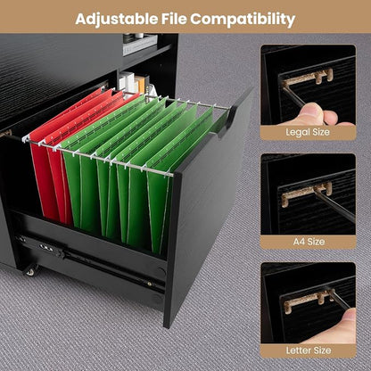 3 Drawer File Cabinet, Wood Lateral Filing Cabinet for Hanging Letter, A4, Legal Size, Rolling Printer Stand with Adjustable Shelf, Under Desk Storage for Home Office (Black)