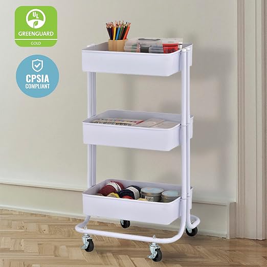 ECR4Kids 3-Tier Metal Rolling Utility Storage Cart, Multipurpose Organization, White