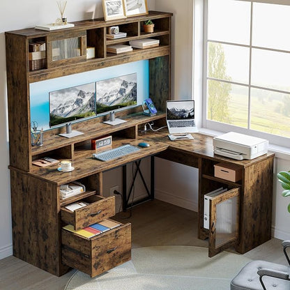 Bestier Farmhouse 63" L Shaped Desk with Hutch, Wood Computer Desk with Drawers, Charging Station, LED Light, Fluted Sliding Door Cabinet, Monitor Stand, Executive Desk for Home Office, Rustic Brown