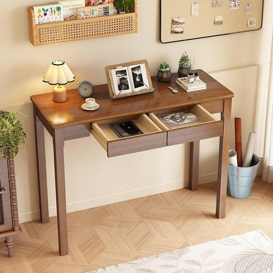 Solid Wooden Desk with Drawers - 39 x 16 Inch Narrow Desks, Rubberwood Mid Century Modern Desks, Small Writing Desk for Bedroom|Small Spaces - Walnut Color