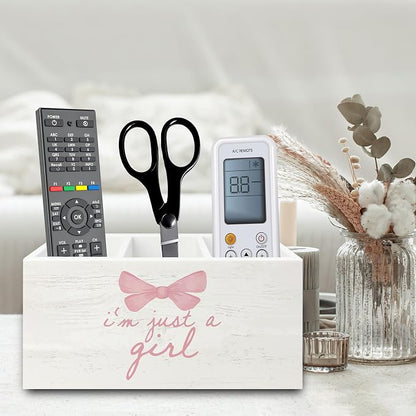 Pink Coquette Bow Preppy Pen Pencil Holder Organizer for Desk, Preppy Desk Decor, I'm Just a Girl Pink Wooden Box Sign for Girly Room Bedroom Dorm Tabletop Decorations