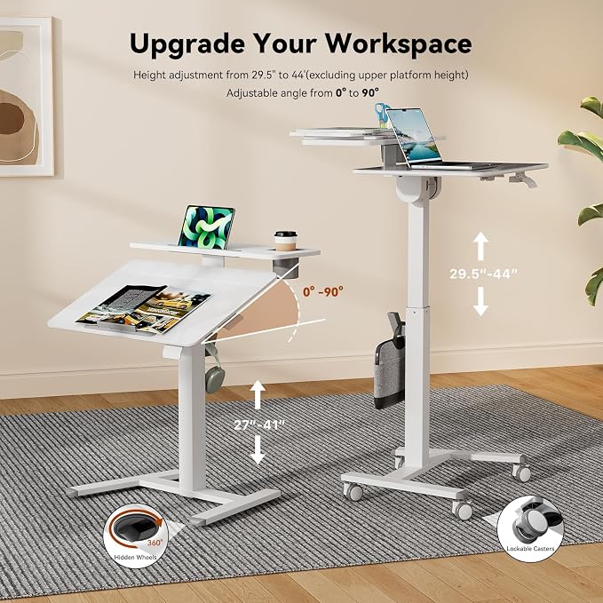 28Inch Glass Mobile Standing Desk On Wheels， Rolling Laptop Stand with Tiltable Desktop， Small Computer Workstation Adjustable Height， 2-Tier Portable Study Table with Storage Shelf， White