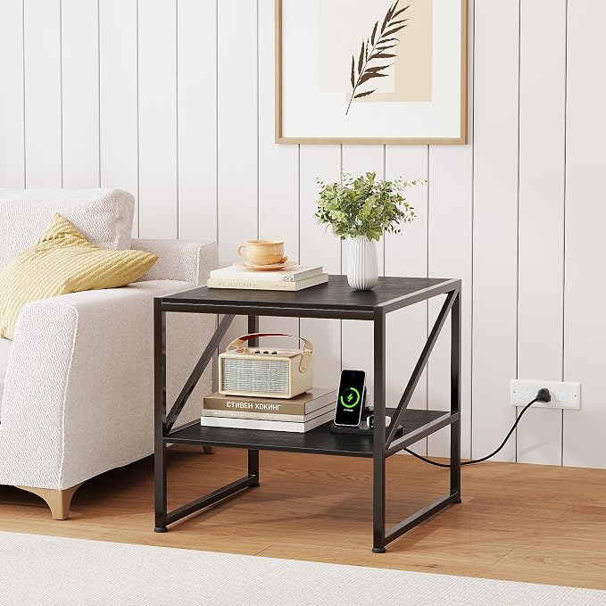 2-Tier Large Priner Stand with Charging Station, 20"×20" Under Desk Printer Table with Power Outlets and USB Ports for Home Office, Mini Fridge Stand, Storage Shelf for Scanner Fax Machine, Black