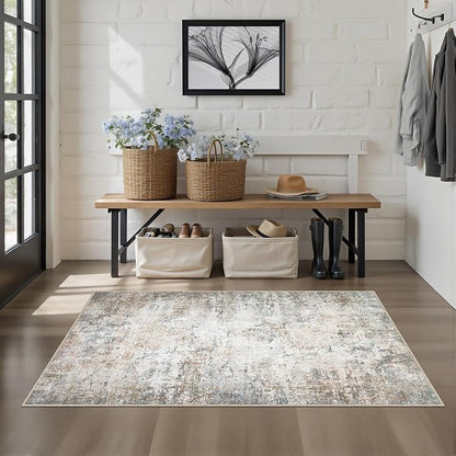 Washable Area Rug 3x5 Entryway Rug: Washable Modern Abstract Soft Thin Rug Indoor Floor No Slip Stain Resistant Carpet for Bedroom Dining Room Farmhouse Nursery Home Office - Brown Grey