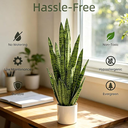Fake Snake Plant 3FT, 35" Artificial Potted Plant with White Pot, Realistic Faux Floor Plant for Home Decor, Low Maintenance No Watering Needed for Desk Corner Office & Pet Areas (Green)