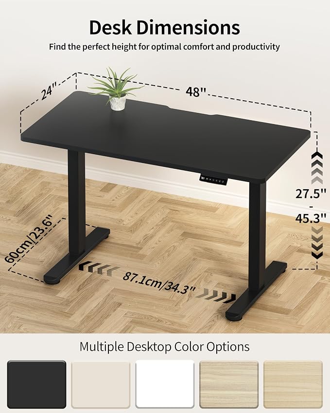 Okin Standing Desk Electric Adjustable Computer Whole Piece Stand up Desk Office Gaming Home Office Memory Desks 48x24 inches Black