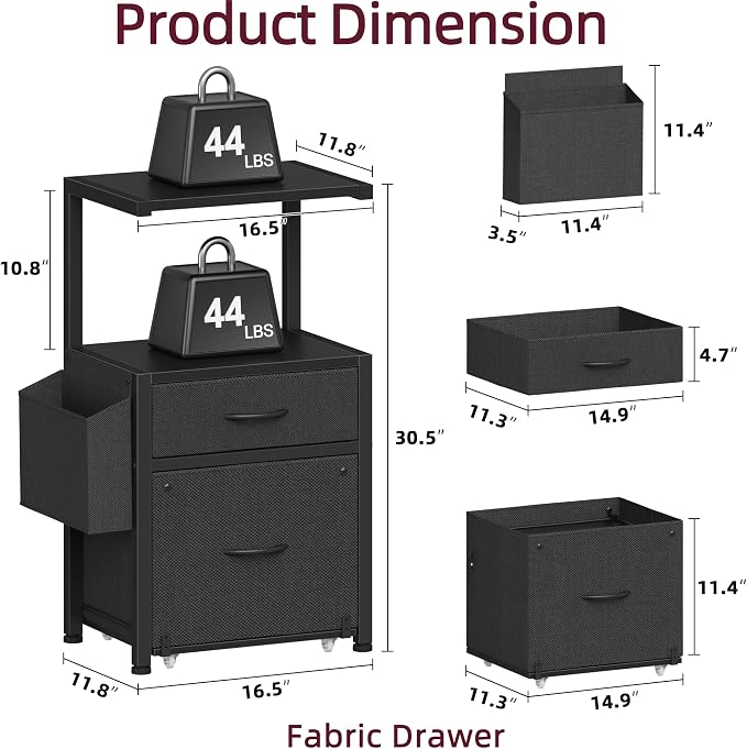 HIGDBFE 2-Drawer File Cabinet with Printer Stand & Dual Shelves, Black | 2-Tier Printer Storage, Letter File Drawer, Reversible Side Bag, Smooth Drawer Slides, Rolling Support Board