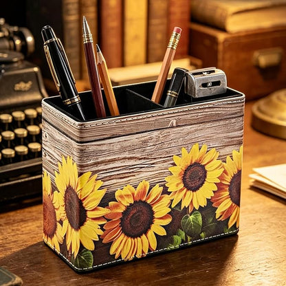 Pen Holder, Rectangle Vintage Pencil Holder with 2 Compartments, PU Leather Art Remote Control Holder Organizer Storage for Desk Accessory (Sunflower)