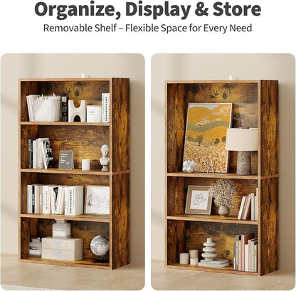 Sweetcrispy Industrial 4 Shelf Bookcase - Large 42.1 Inch Tall Floor Standing Open Bookshelf for Home Office, Living Room, and Bedroom Storage, Classic Brown