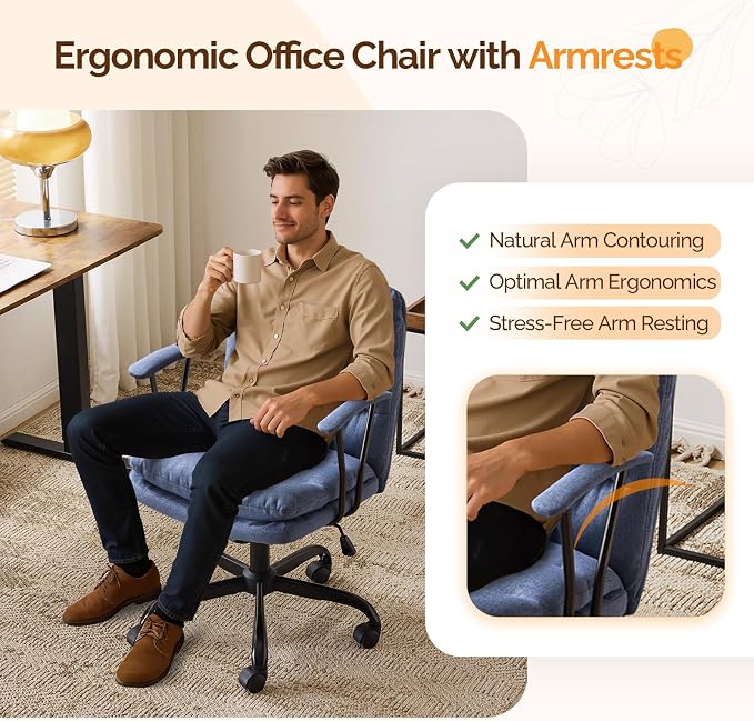 VINGLI Comfortable Office Desk Chairs with/No Wheels,Dual-Base,Removable Armrests,Adjustable Comfy Rolling Swivel Computer Nail Tech Chair for Office,Sewing,Makeup Vanity,Teen,Linen Fabric,Navy Blue