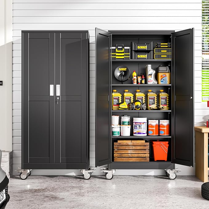 winiowa 71" Tall Metal Garage Storage Cabinet with Wheels, Steel Locking Rolling Tool Cabinet with 4 Adjustable Shelves for Garage,Home,Office (Black)