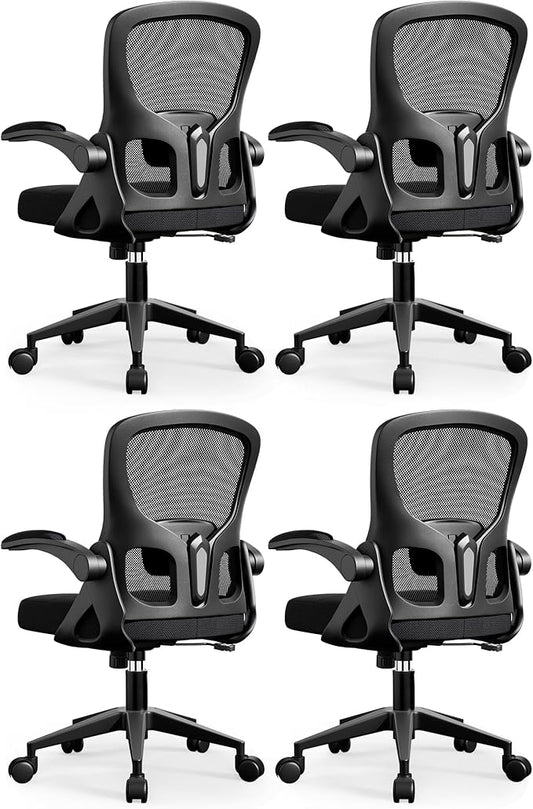 Office Chair Ergonomic Desk Chair, Adjustable Lumbar Support Rolling Swivel Comfy Chair with Space-Saving Flip Up Armrests,Mesh Gaming Chair for Business Work Office & Home, Black 4pcs