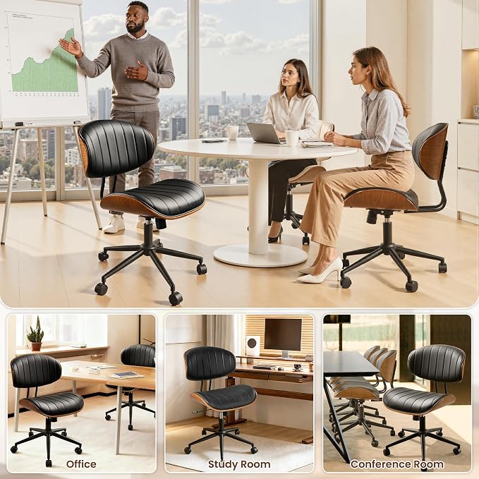ovios Home Office Chair with Wheels, Modern PU Leather Swivel Computer Desk Chair, Mid Back Adjustable Height Armless Walnut Chairs for Office (Black Stripes)