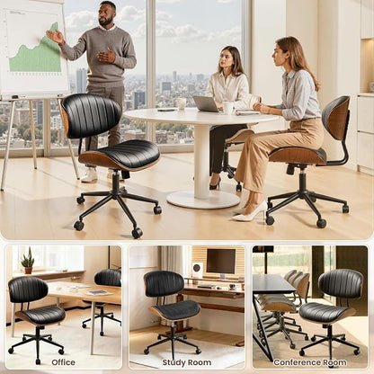 ovios Home Office Chair with Wheels, Modern PU Leather Swivel Computer Desk Chair, Mid Back Adjustable Height Armless Walnut Chairs for Office (Black Stripes)