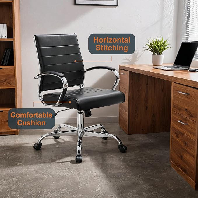 LeisureMod Benmar Leather Office Desk Chair, Mid-Back Ergonomic Swivel Chair with Lumbar Support, Adjustable Height, Tilt Lock, Cushioned Seat & Back, Home Office Task Chair (Black, Set of 2)