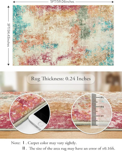 Lahome Abstract Kitchen Rugs Washable, 3x5 Ultra Thin Soft Small Area Rug for Living Room Non-Slip, Low-Pile Indoor Modern Colorful Bedroom Throw Carpet for Entryway Office Bathroom
