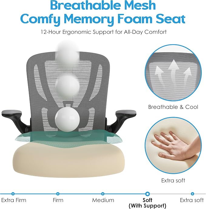 Office Chair Ergonomic Desk Chair - Mesh Computer Chair Breathable Task Chair with Wheels Adjustable Lumbar Support Home Desk Office Chairs with Flip up Armrest Gray 2 Pack