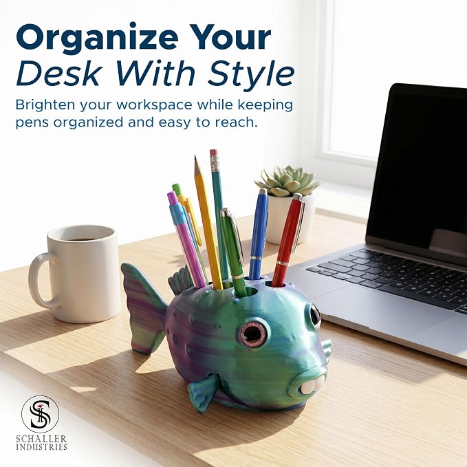 S I Schaller Industries Aesthetic Pen Holder for Desk 16mm Slot Size-Fun Metallic Teal Blow Fish Pencil Holder - Cute Pen Rack Holds 8 Pens, Compatible with Pencil, Marker & Office Supplies