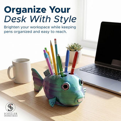 S I Schaller Industries Aesthetic Pen Holder for Desk 16mm Slot Size-Fun Metallic Teal Blow Fish Pencil Holder - Cute Pen Rack Holds 8 Pens, Compatible with Pencil, Marker & Office Supplies