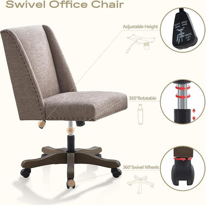 Zihanhome Upholstered Armless Office Chair with Wooden Legs, Modern Adjustable Home Office Desk Chair Computer Chair Swivel Chair for Home Office Study Studio (Brown)